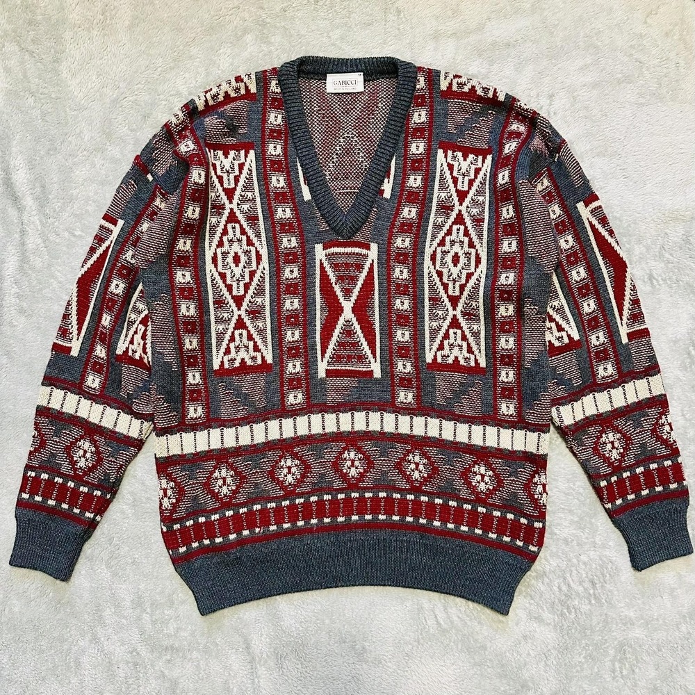 Vintage Gabicci Mens M Wool Blend V Neck Geometric Grandpa Sweater England